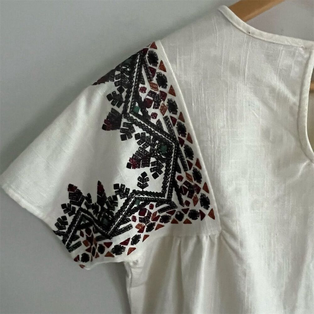 Saks Fifth Avenue Women's Short Sleeve Embroidered Blouse cream Multicolor S/P - Picture 6 of 8